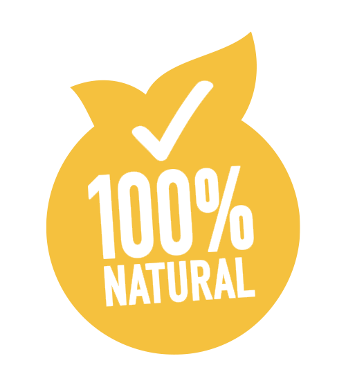 A yellow circular badge with a check mark at the top, indicating the product is 100% natural.