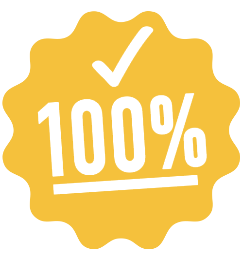 Gold badge with check mark, displaying "100%" in black text.