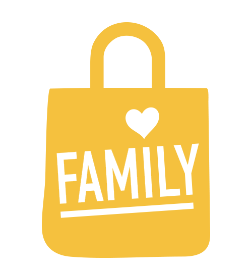 Yellow illustration of a shopping bag with a heart and the word 'FAMILY' written on it.
