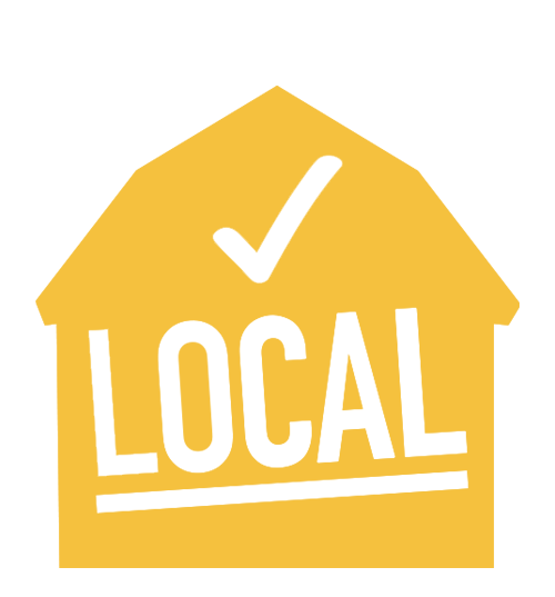 Yellow house-shaped sign with a checkmark and the word 'LOCAL' in black text.