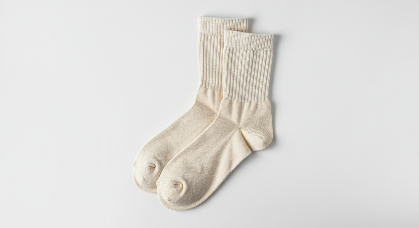 A pair of cream-colored ribbed crew socks lying flat on a white surface.