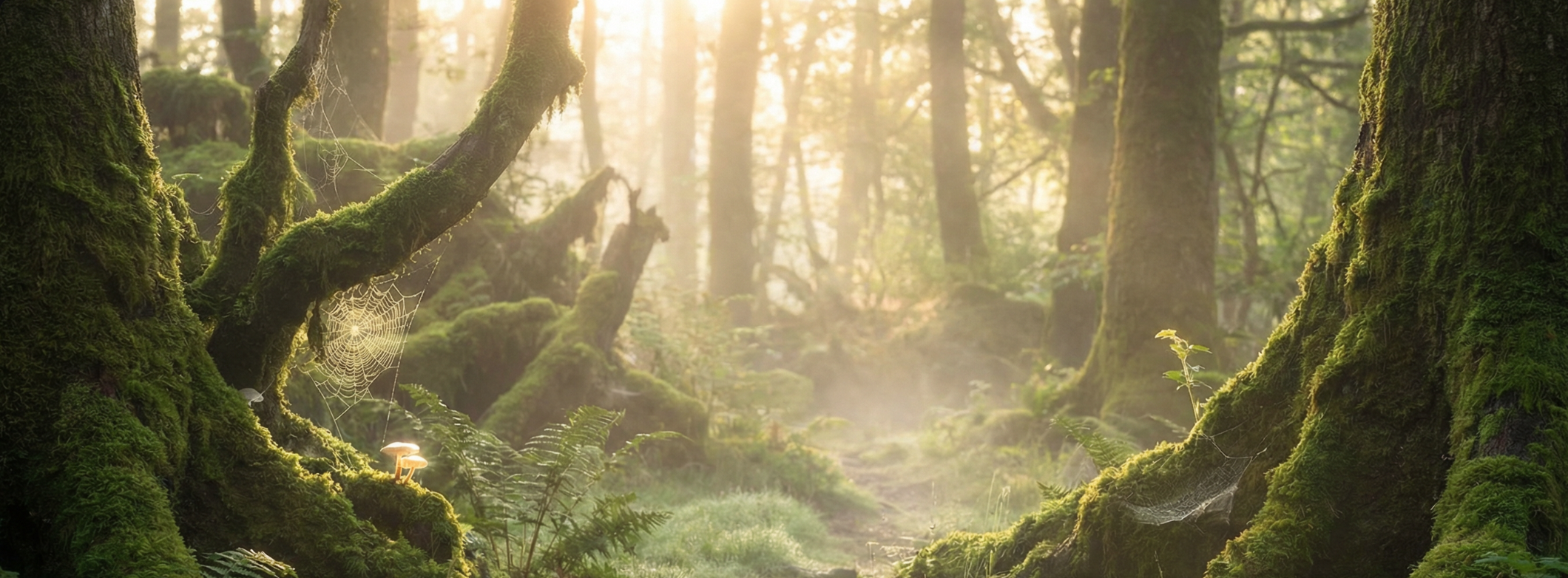 Sunlight filters through a lush green forest with moss-covered trees and ferns. A spiderweb is visible on a tree branch to the left, and mushrooms grow at the base of the trees. The scene appears serene and magical.