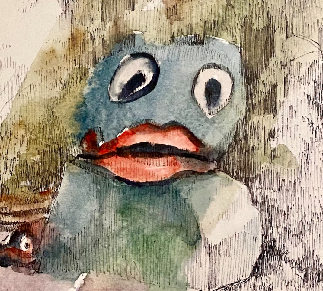 Close-up of a surreal watercolor painting featuring a face with large, exaggerated eyes and red lips, blending abstract and figurative elements.