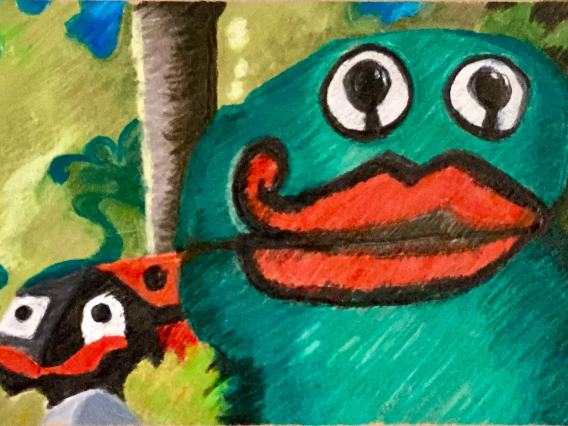 Colorful drawing of Frog Rock with big eyes and red curlicue lips, with a ladybug on a leaf nearby in a green natural setting.