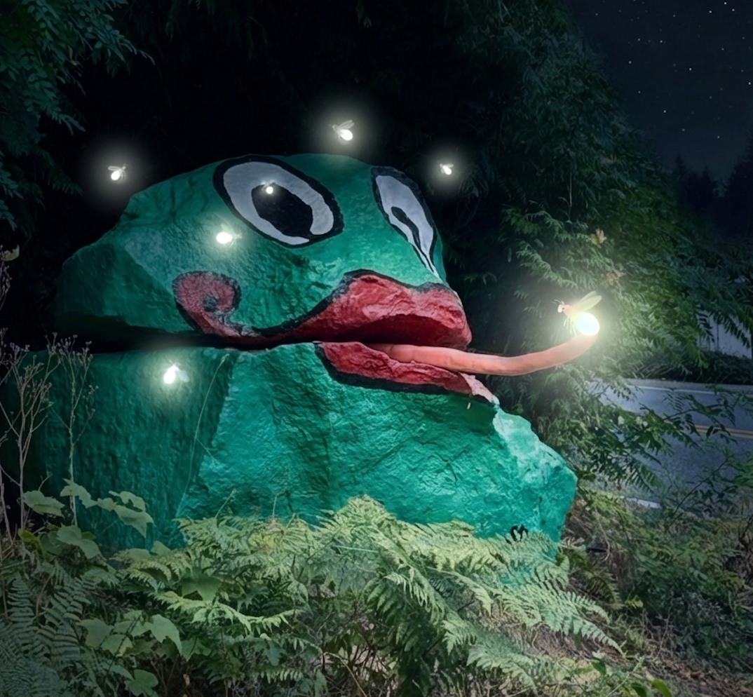 A large, colorful painted frog rock with exaggerated features, surrounded by plants and illuminated by fireflies at night.
