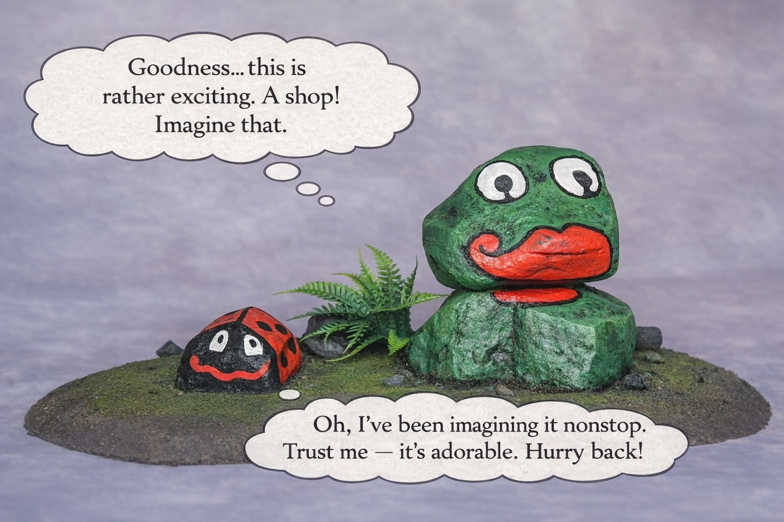 Decorative rocks painted to resemble frogs and a ladybug on a small patch of ground with a fern. The larger frog has big eyes and red lips, while the ladybug has a smiling face. Two speech bubbles contain humorous dialogue about imagining a shop.