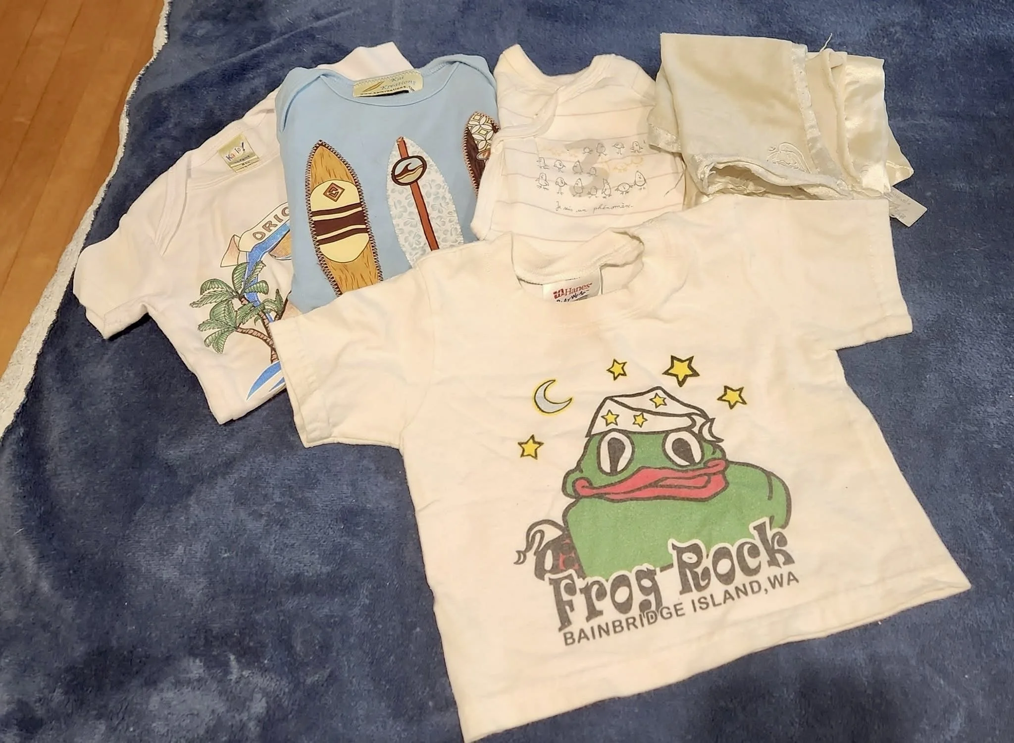 A collection of five vintage T-shirts with various designs, laid out on a blue blanket. The designs include Frog Rock with stars and a moon.