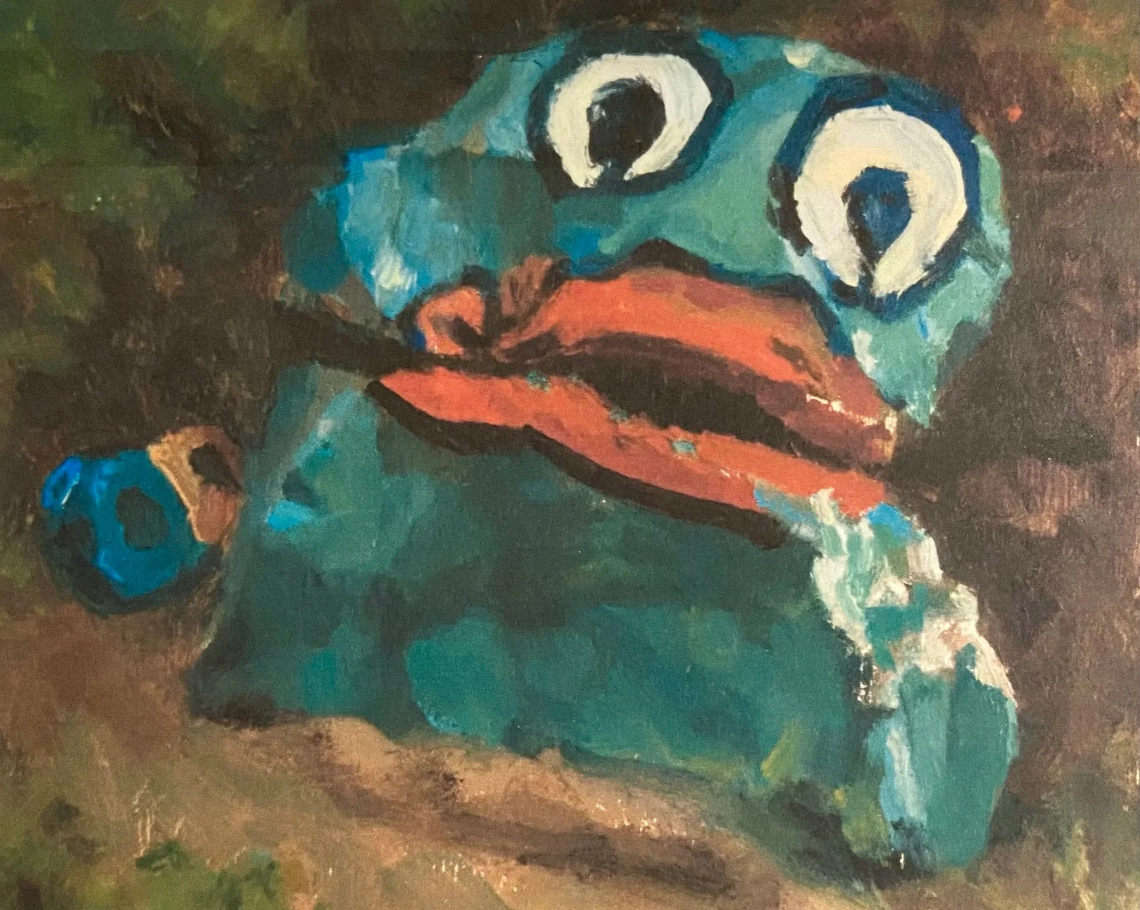 A painted portrait of Frog Rock with exaggerated features, including large eyes, bright green and blue skin, and red curlicue  lips, sitting on a patch of ground.