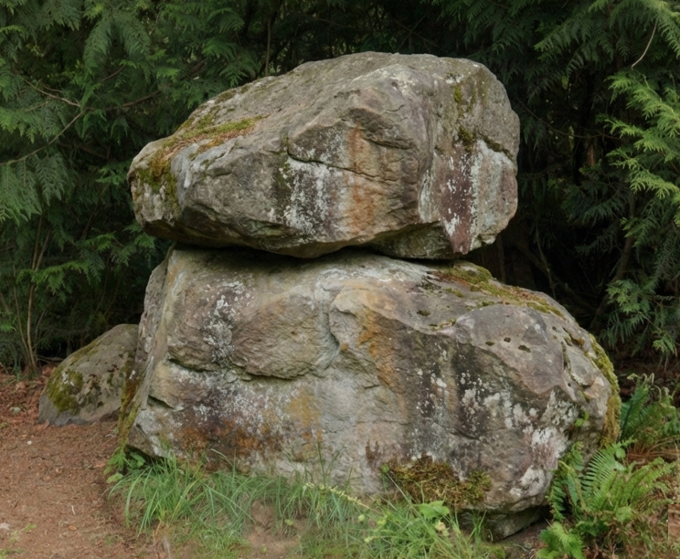 Two large, weathered rocks stacked on top of each other in a forest setting.