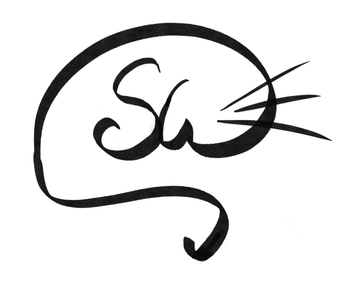Stylized black ink drawing of a mouse with whiskers and a long curved tail, with the letters 'S' and 'u' integrated into the mouse's head.