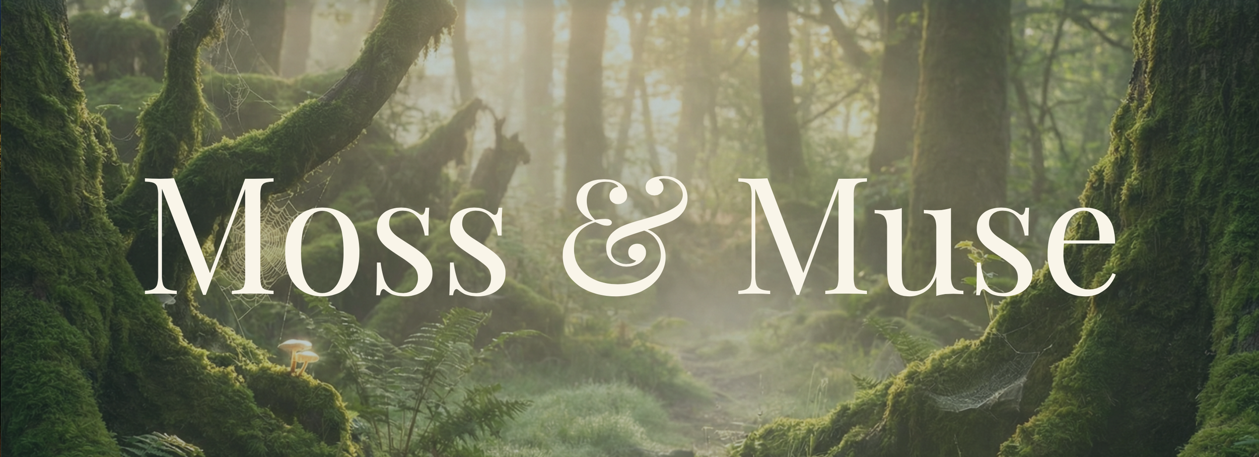 A lush, green forest scene with trees covered in moss, sunlight filtering through the canopy, and ferns at ground level with a misty atmosphere. Overlaid text reads "Moss & Muse."
