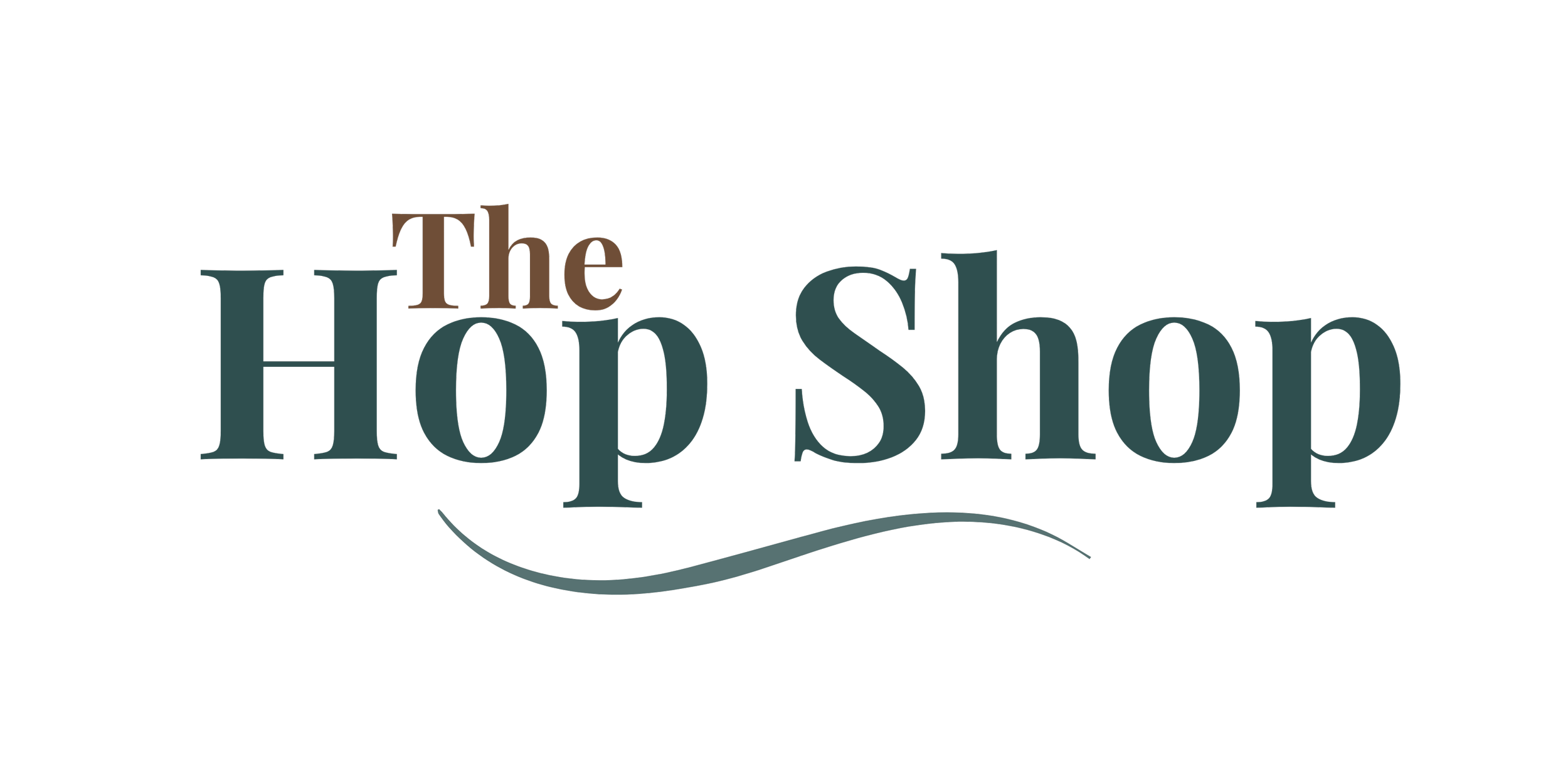 Stylized logo with the words "The Hop Shop" in large, decorative font, featuring a curved line underneath.