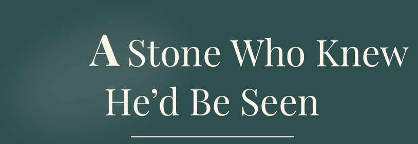 Text on a dark teal background that reads, 'A Stone Who Knew He'd Be Seen'.