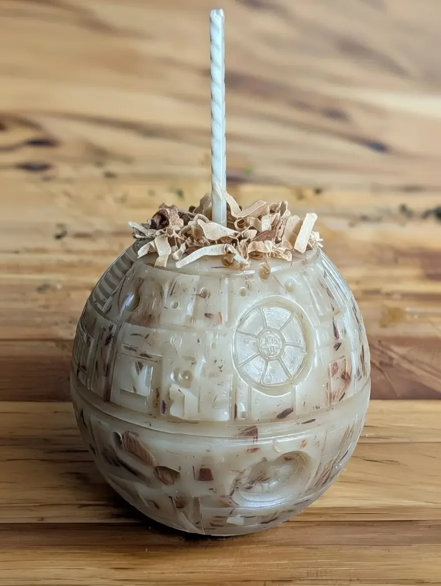 A Star Wars-themed chocolate milkshake in a round, clear plastic cup designed to look like the Death Star, topped with whipped cream and chocolate shavings, with a striped straw.