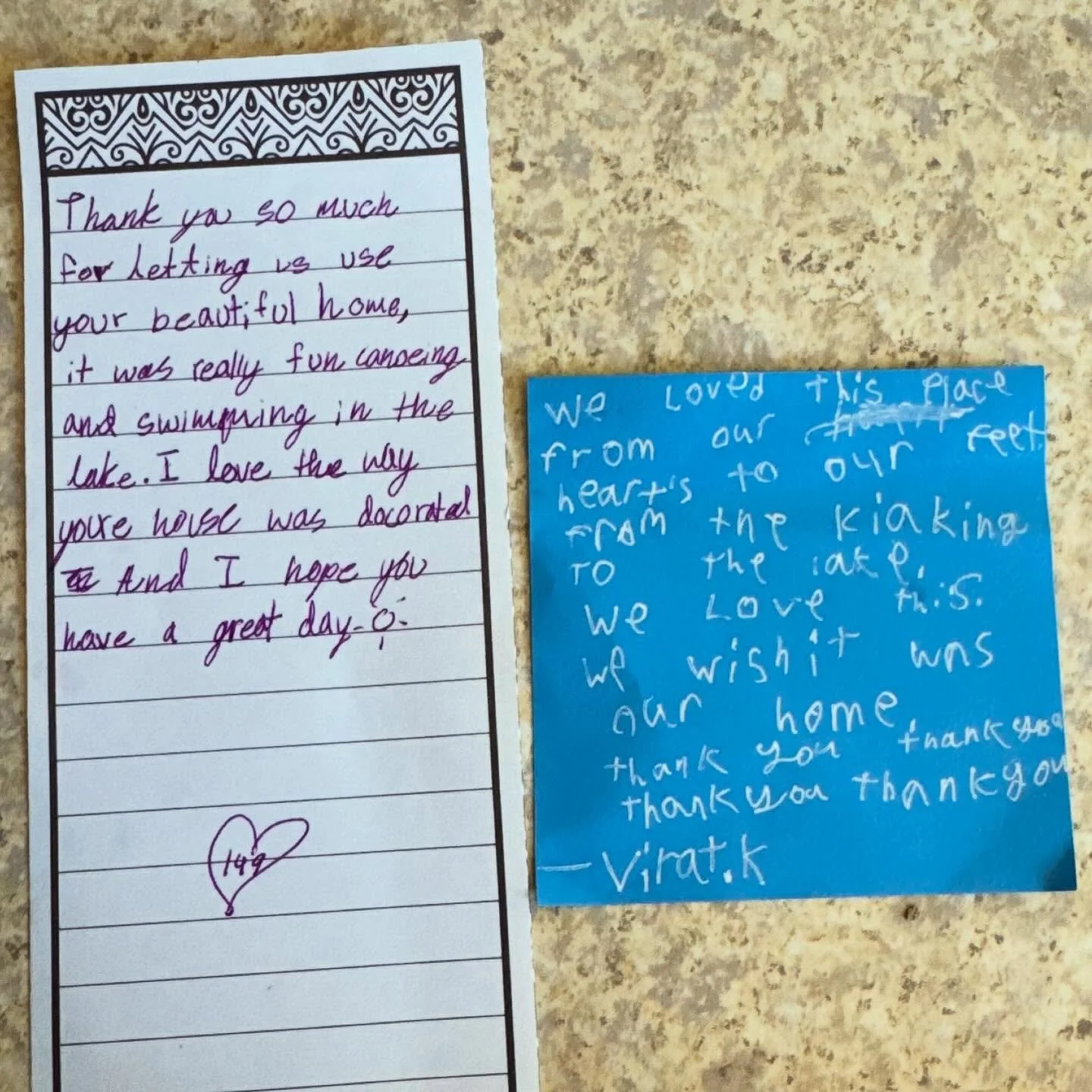 Some things are even BETTER than a 5-Star Review 💚

&ldquo;Thank you so much for letting us use your beautiful home,
it was really fun canoeing and swimming in the lake.
I love the way your house was decorated too and I hope you have a great day. 💜