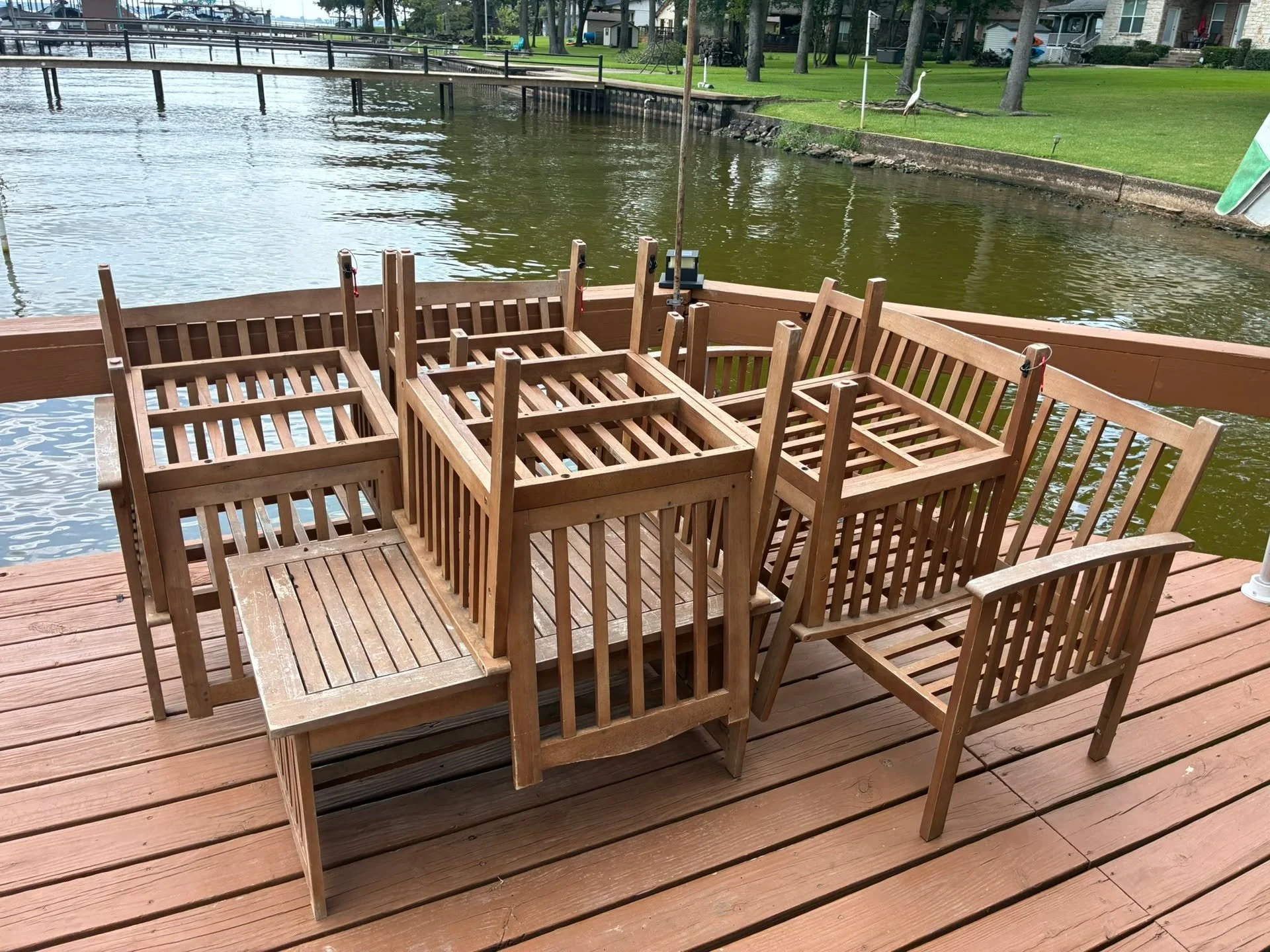 How To: It's like Jenga! This is how we secure the dock furniture before covering - bungee cords help a lot too!