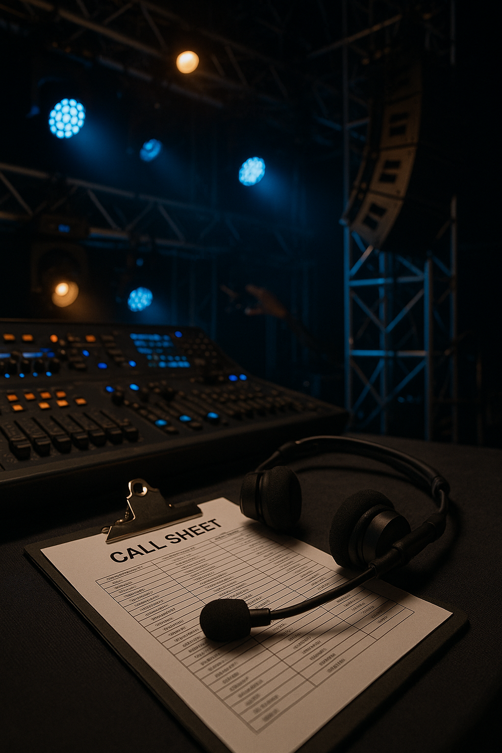 A call sheet and headset on a table in a theater or concert stage with stage lights and sound equipment in the background.