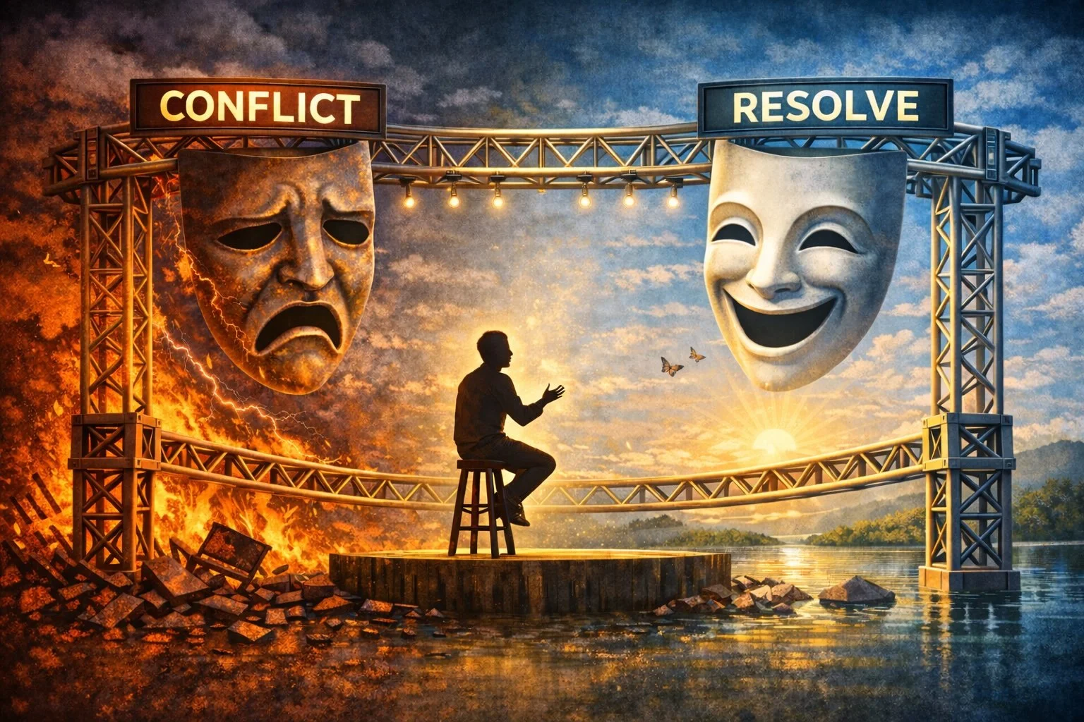 A person sitting on a stool in the middle of a lake at sunset, with a large conflict mask showing sadness and a resolve mask showing happiness hanging above in a theatrical frame, symbolizing the contrast between conflict and resolution.