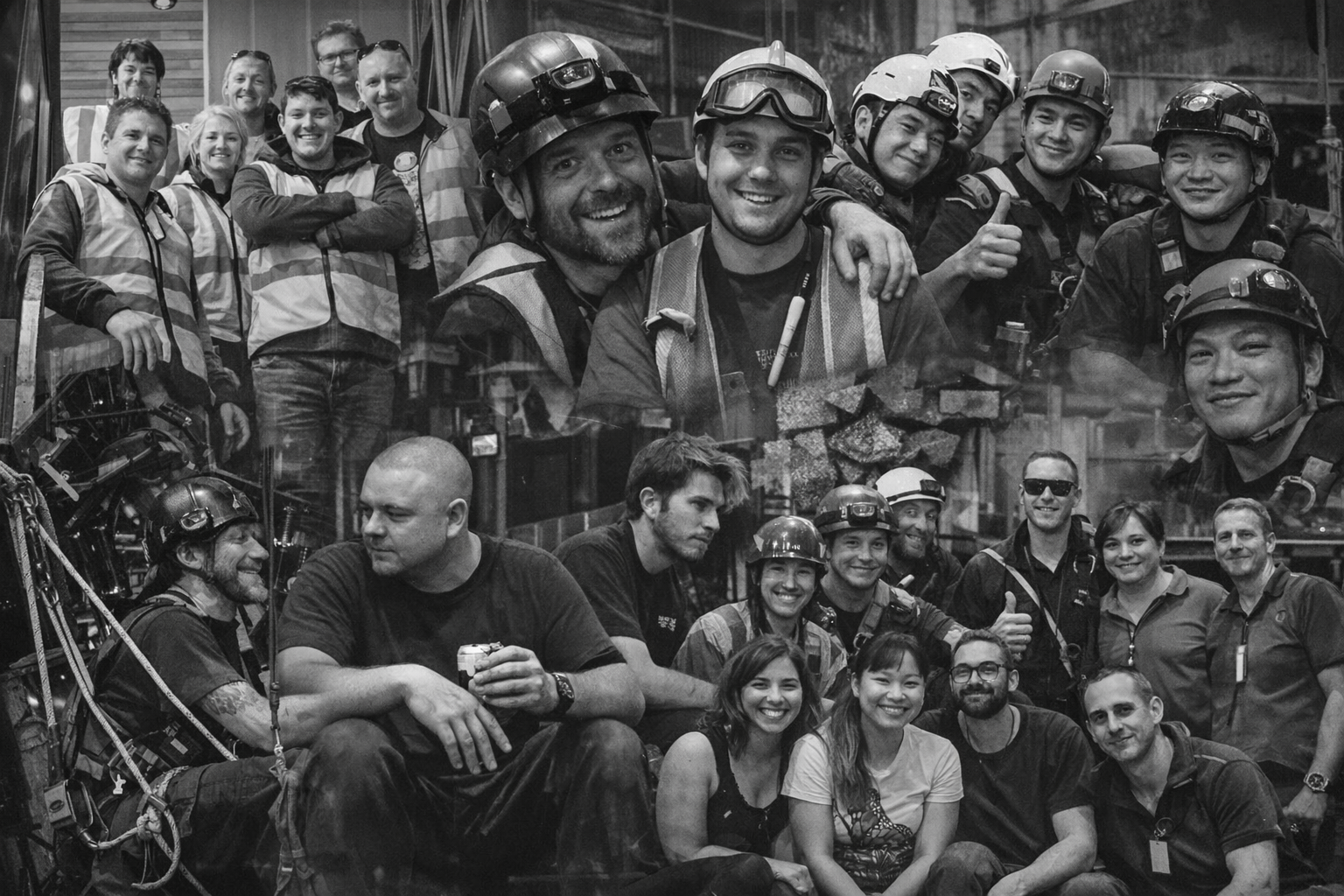 A collage of people, including stage, lighting, rigging and crew members, smiling and posing together indoors and outdoors, some wearing helmets and safety gear.