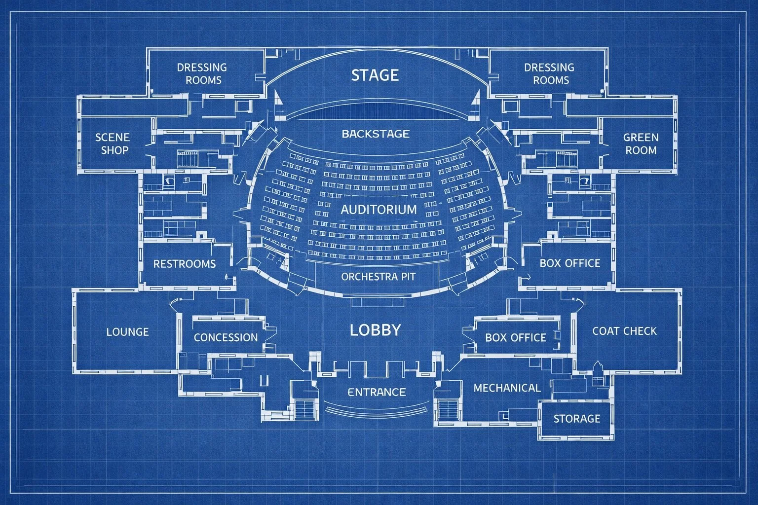Blueprint of a theater with labeled sections including stage, backstage, auditorium, orchestra pit, lobby, restrooms, lounge, concession, box offices, coat check, storage, and mechanical room.