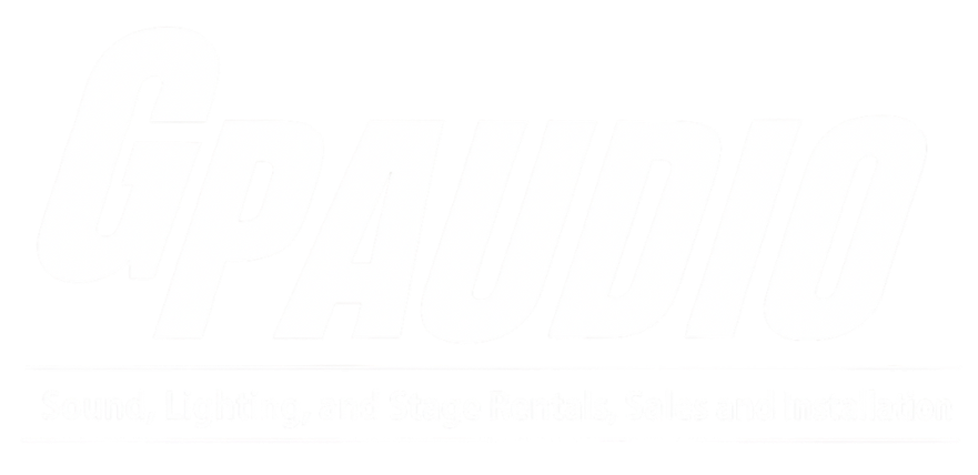 Logo for GP AUDIO with the tagline 'Sound, Lighting, and Stage Rentals, Sales and Installation'.