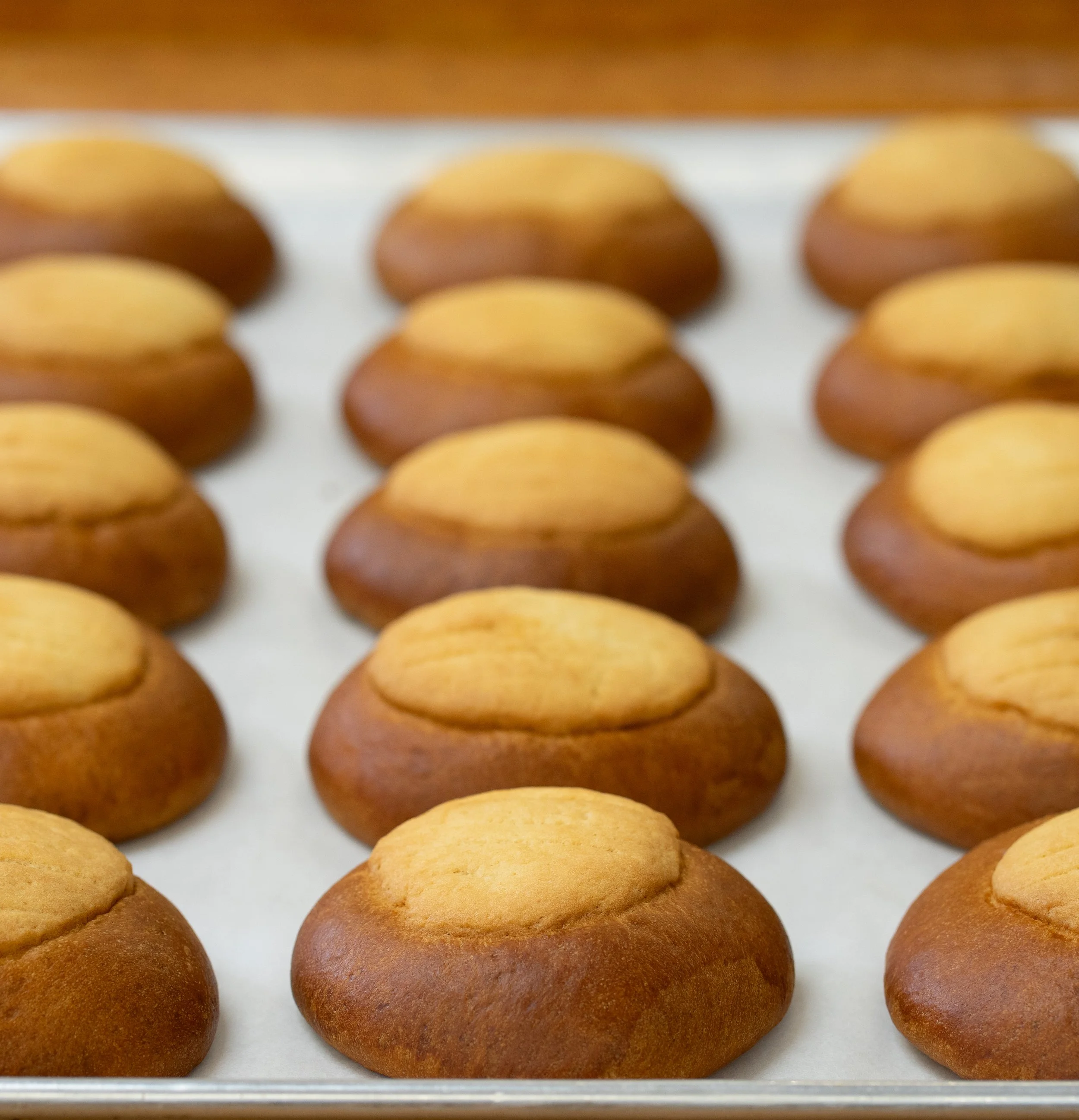 Close-up of freshly baked cookies on a baking sheet, arranged in rows.