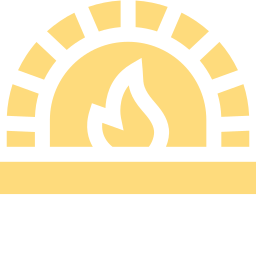 Icon of a fireplace with a flame inside and a green circular outline.