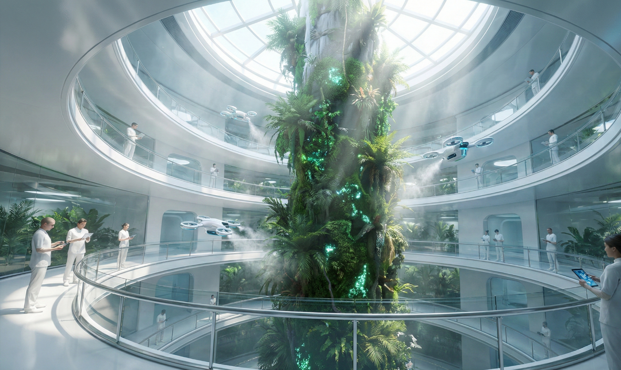 Interior of a futuristic building with multiple levels, glass railings, and large central indoor jungle with lush green plants, illuminated by sunlight through a glass ceiling, and populated with doctor-like personnel using tablets and discussing.