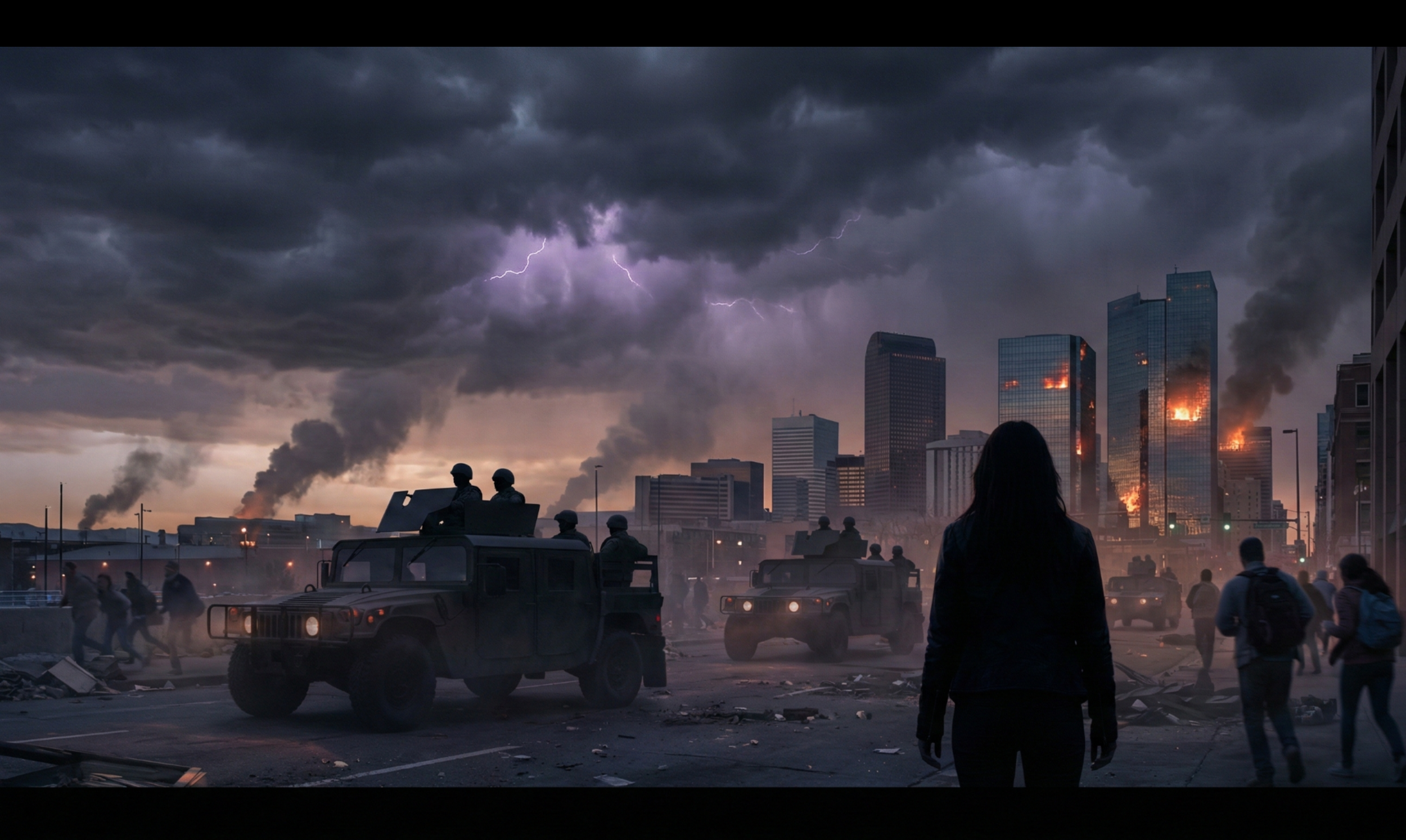 Scene of a city under attack with smoke, fire, and lightning. Military vehicles and soldiers on the street, civilians fleeing amidst destruction.