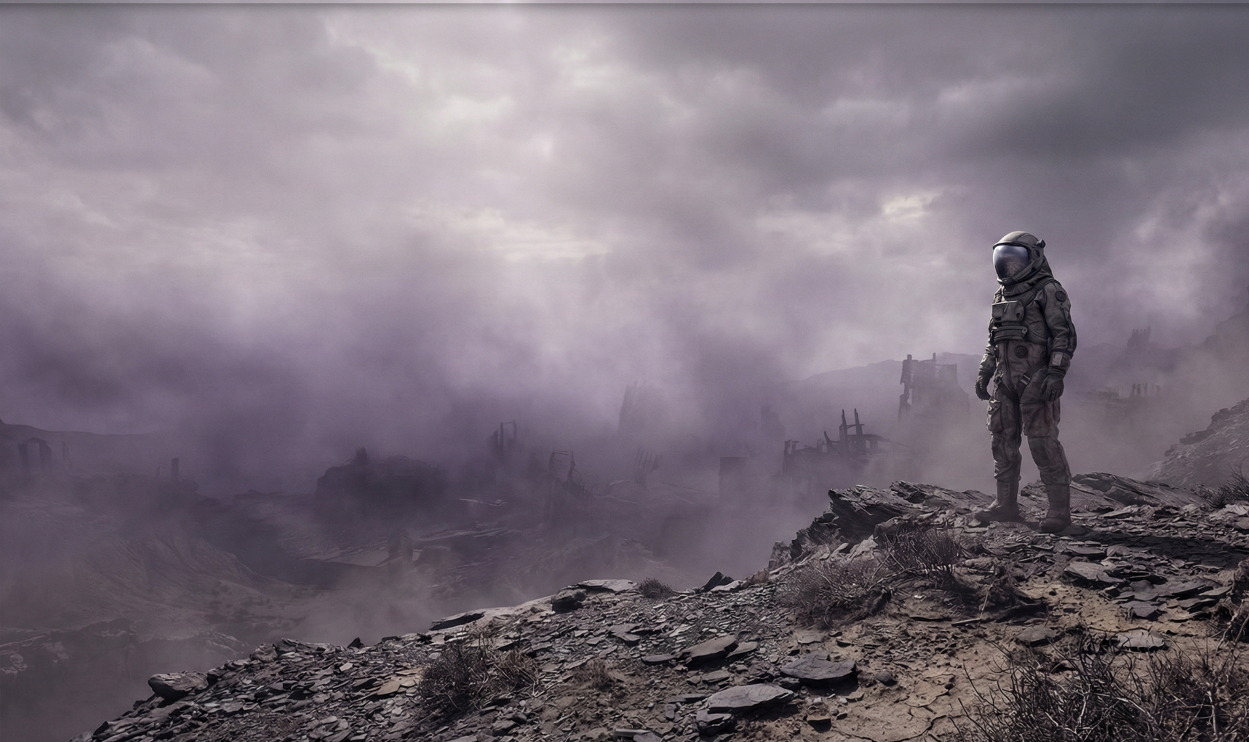 A person in a spacesuit standing on rocky terrain in a desolate, war-torn landscape with ruins and a cloudy, foggy sky.