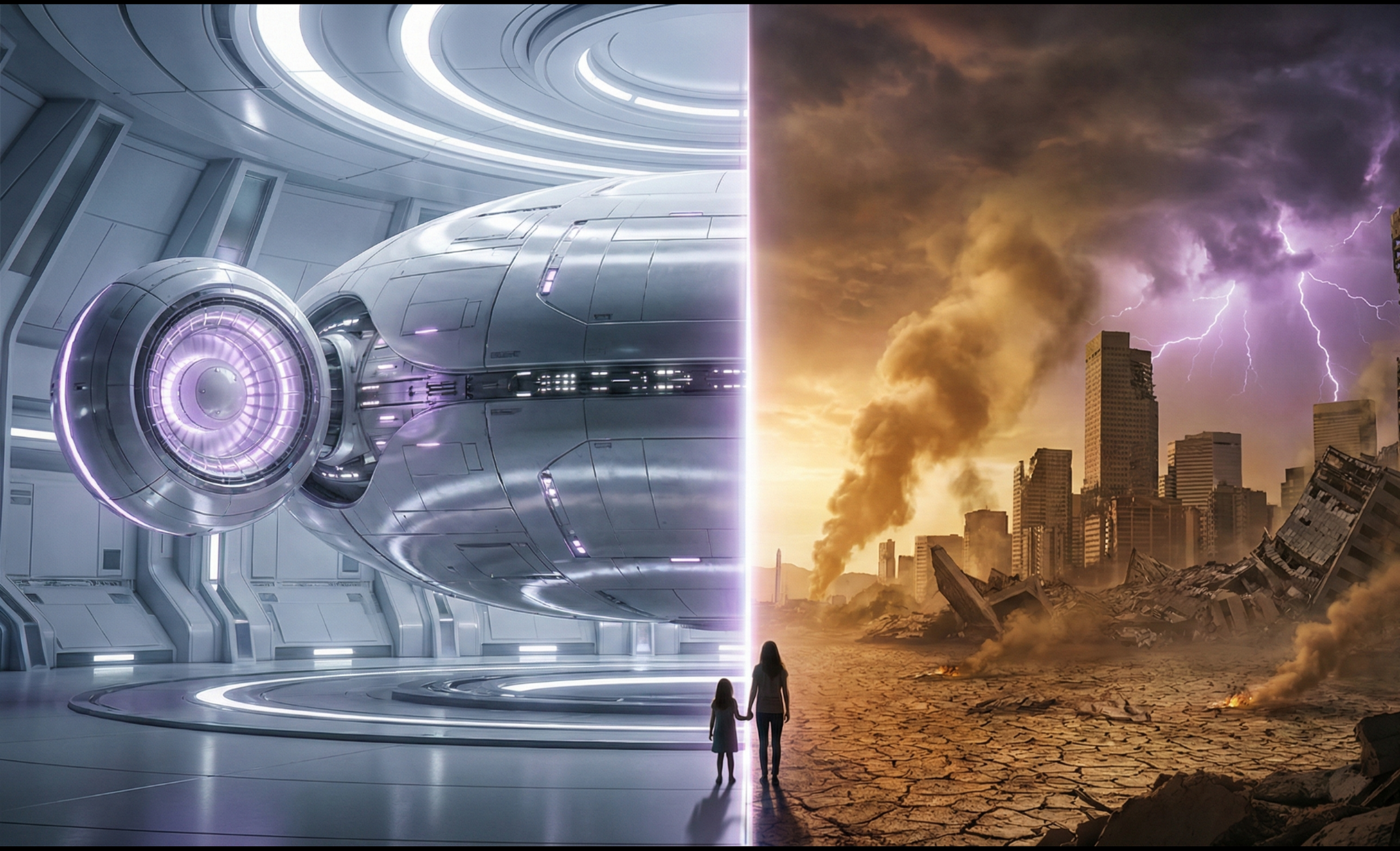 A scene split into two contrasting halves: on the left, a sleek, futuristic spaceship inside a high-tech hangar with bright, white lighting; on the right, a post-apocalyptic cityscape with destroyed buildings, dark stormy skies, purple lightning, and