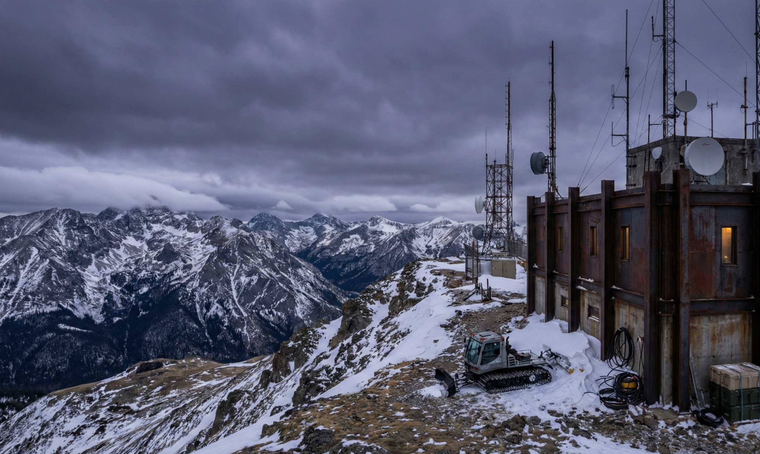 Mountain top telecommunications station with antennas and snow, overlooking snow-capped mountain range under dark, cloudy sky.