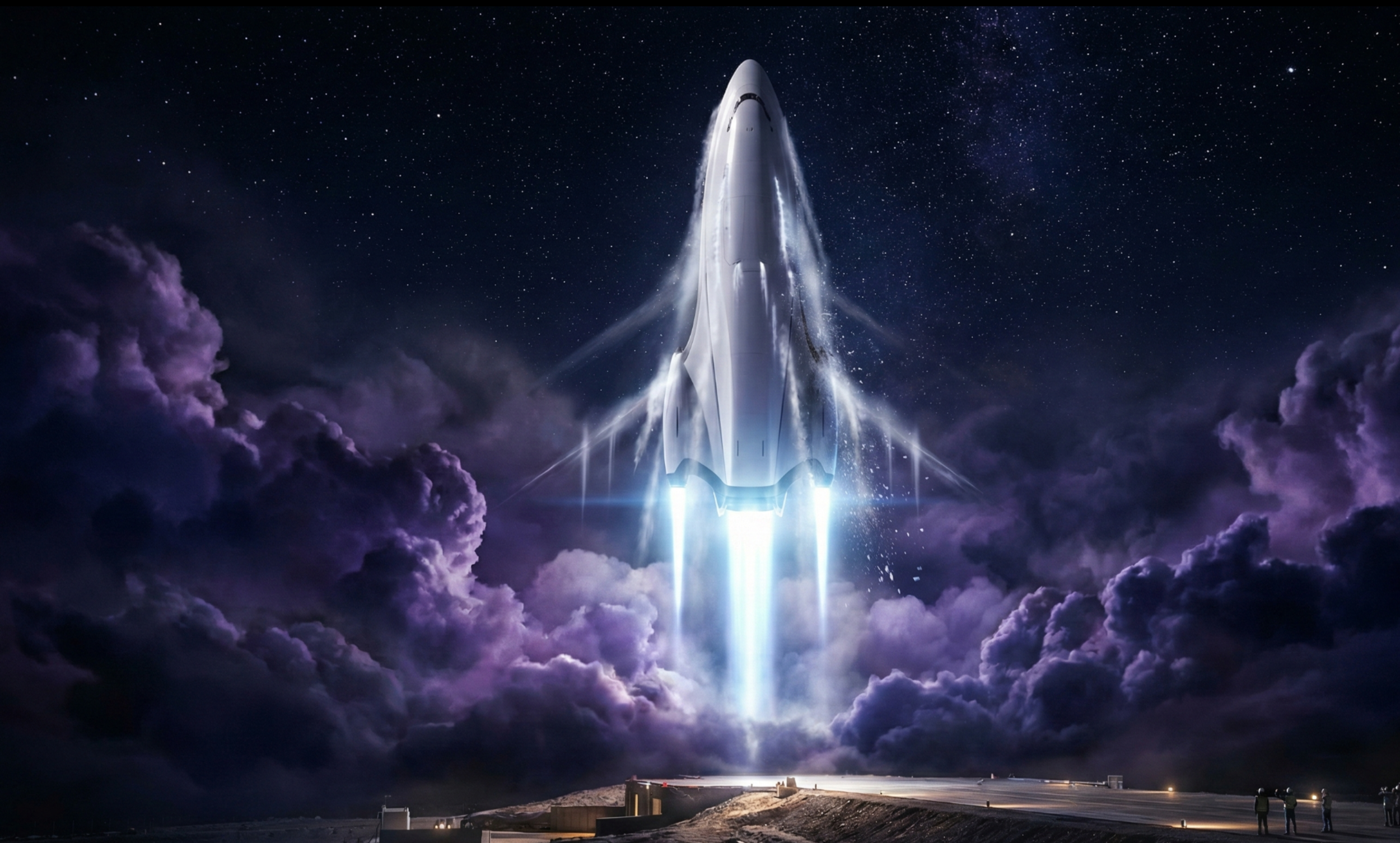 A spaceship lifting off with bright thrusters, ascending through purple and dark clouds against a starry night sky.