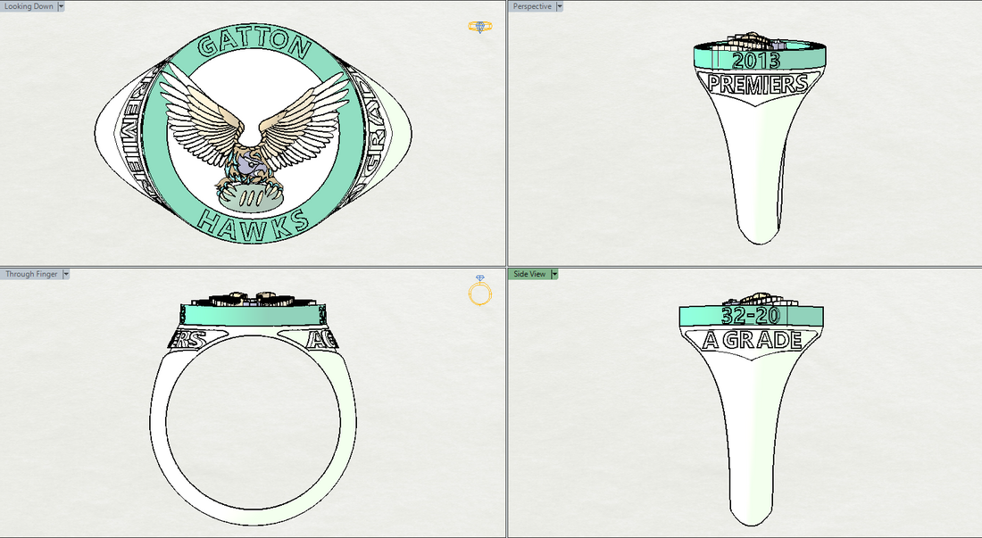 Computer-aided design of a championship ring for the Gatton Hawks, featuring an eagle with outstretched wings, inscriptions of '2013 Premiers' and '52-20 A Grade', with a turquoise and white color scheme.