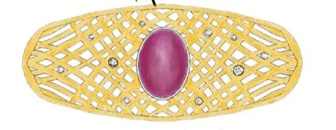Design sketch for a hand-pierced yellow gold star ruby ring with lattice pattern