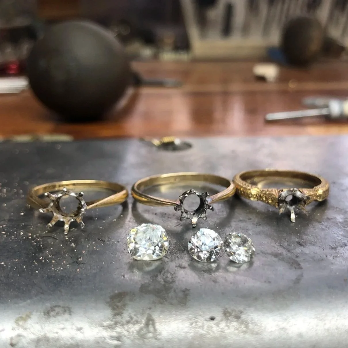 Family rings before diamonds were reused in a new three-stone ring