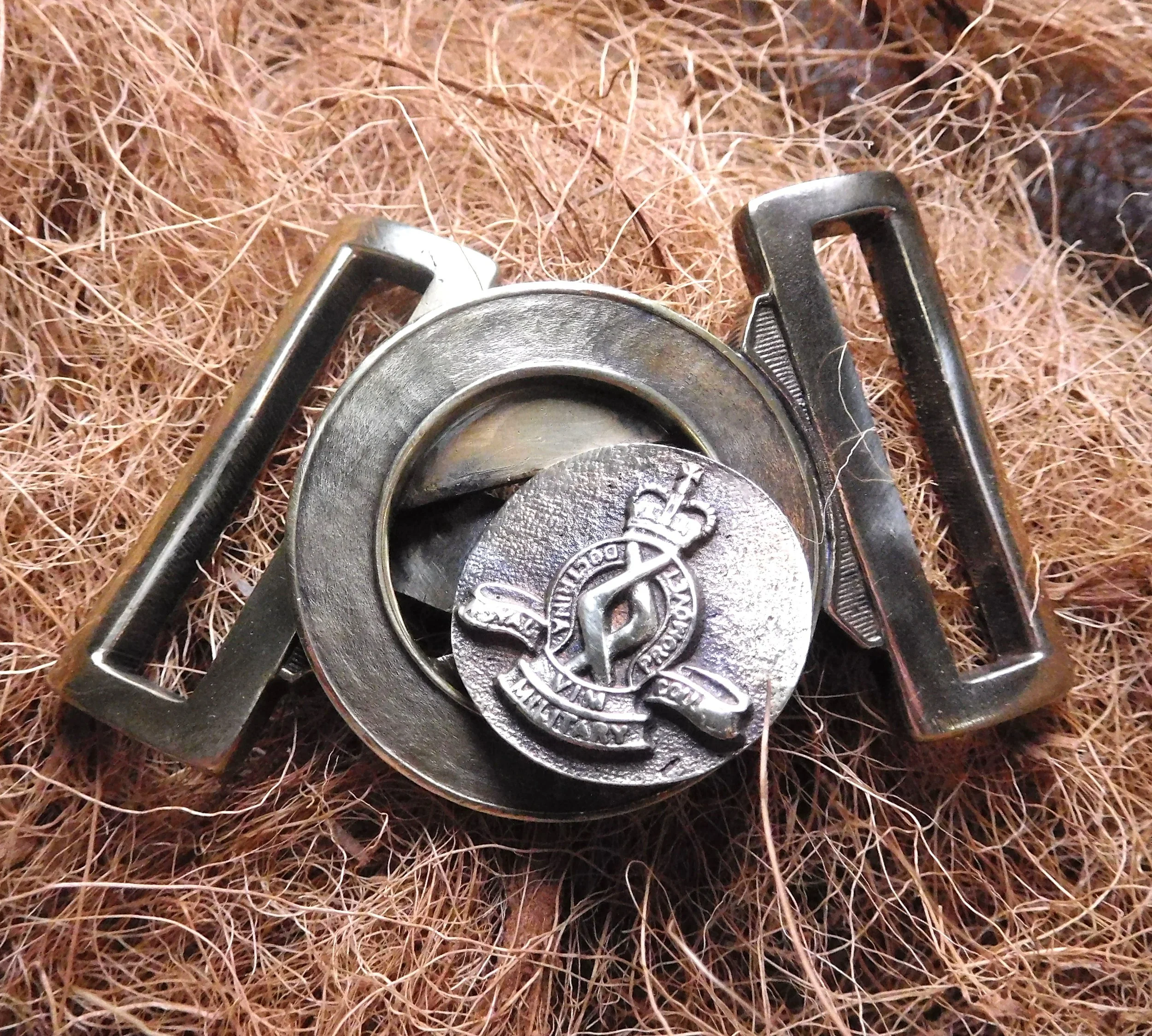 Close-up of vintage Scottish military belt buckle. 