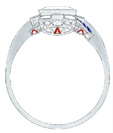 Side profile sketch for a handmade platinum Art Deco ring