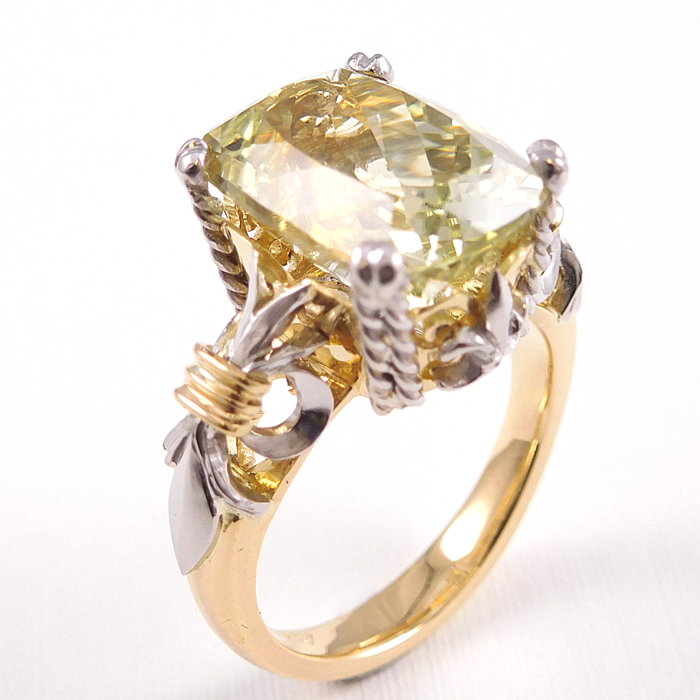 Award-winning hiddenite dress ring handmade in 18ct yellow gold and platinum