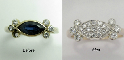 Comparison of a brooch before and after jewelry restoration, showing a darker appearance initially, and a clean, shiny, diamond-studded finish afterward.