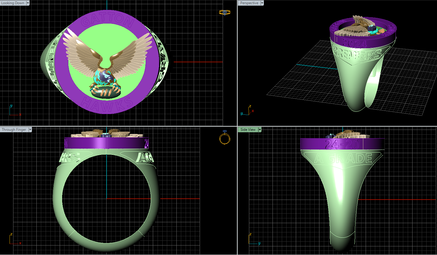 A 3D rendering of a ring a hawk emblem in the center. The ring has inscriptions including 'GATTON,' 'HAWKS,' '2024,' and phrases like 'PREMIERS' and 'A GRADE' displayed in the different views.