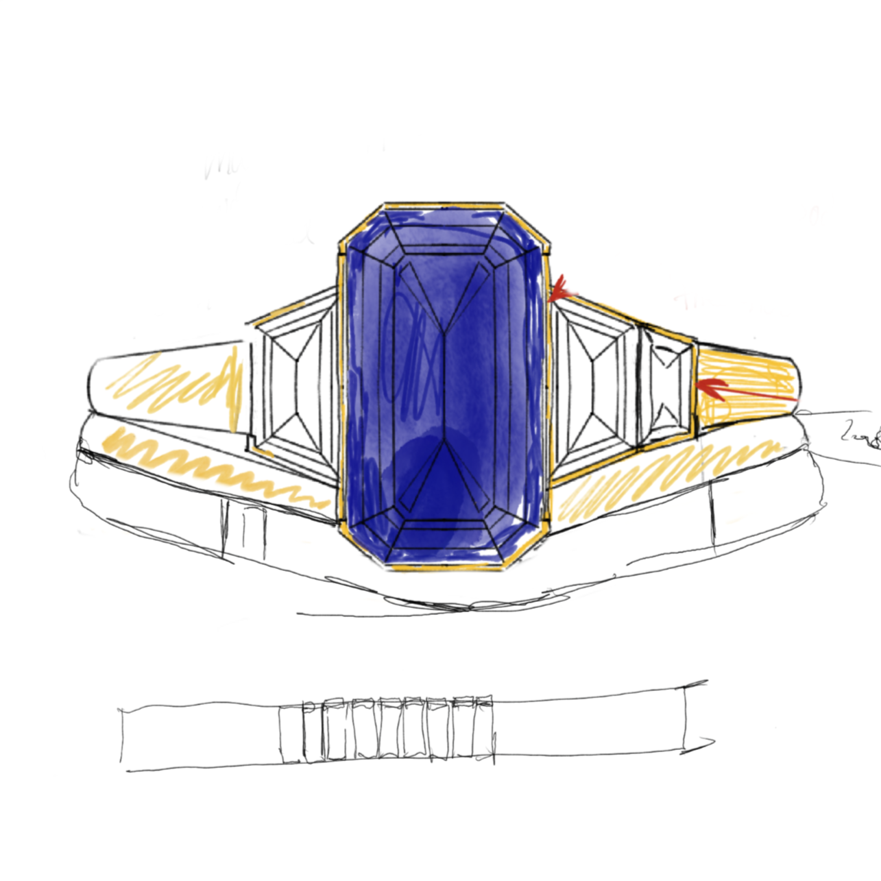 Hand sketch for a custom sapphire and diamond engagement ring