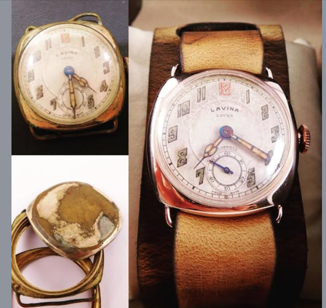 Composite image showing three watches: an old gold-colored watch with a worn face, a vintage round watch with a damaged dial and a gold bracelet, and a modern rectangular watch with a silver case and a tan leather strap.