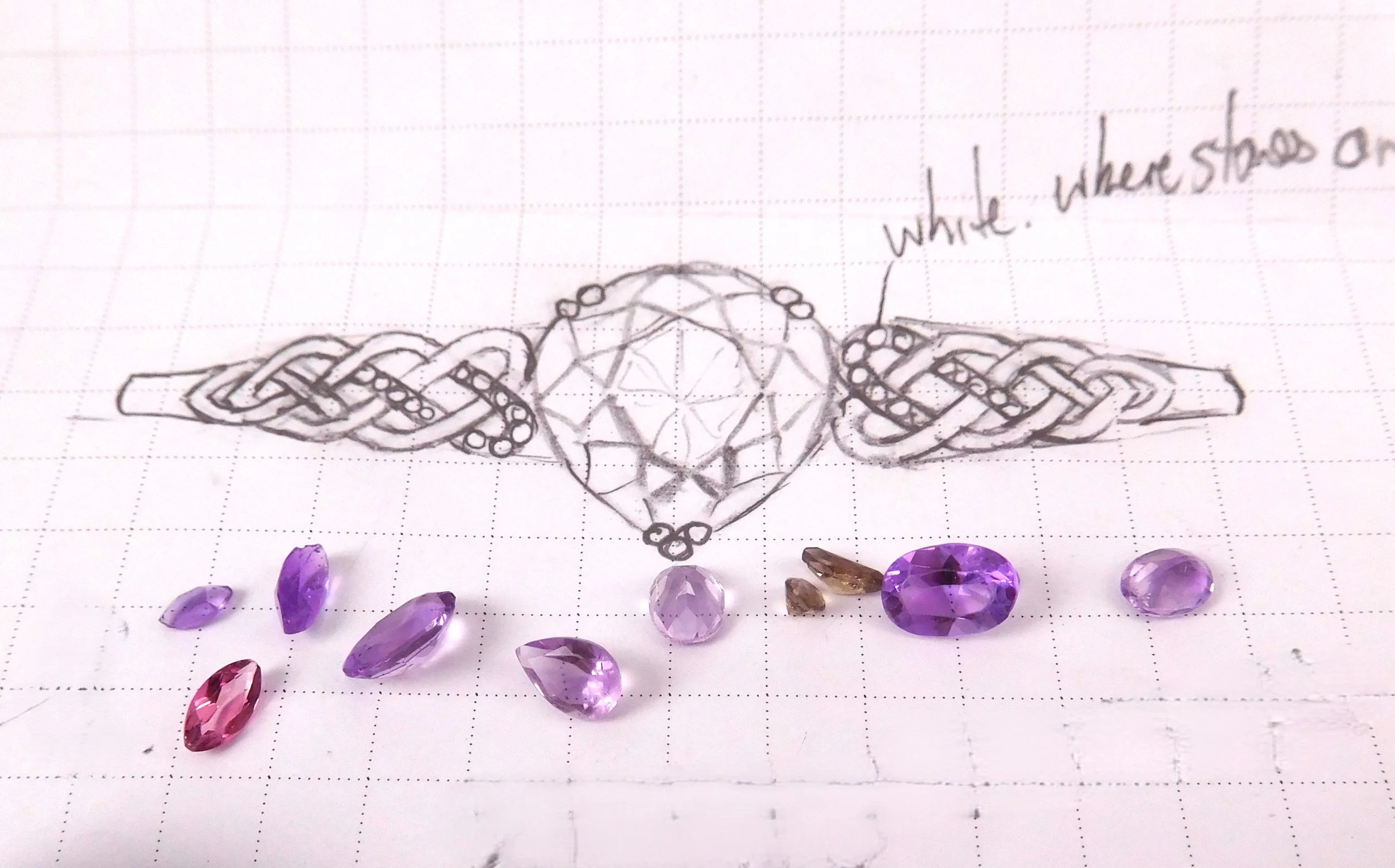 Design sketch for a pear-cut amethyst cocktail ring with Celtic-inspired shoulders