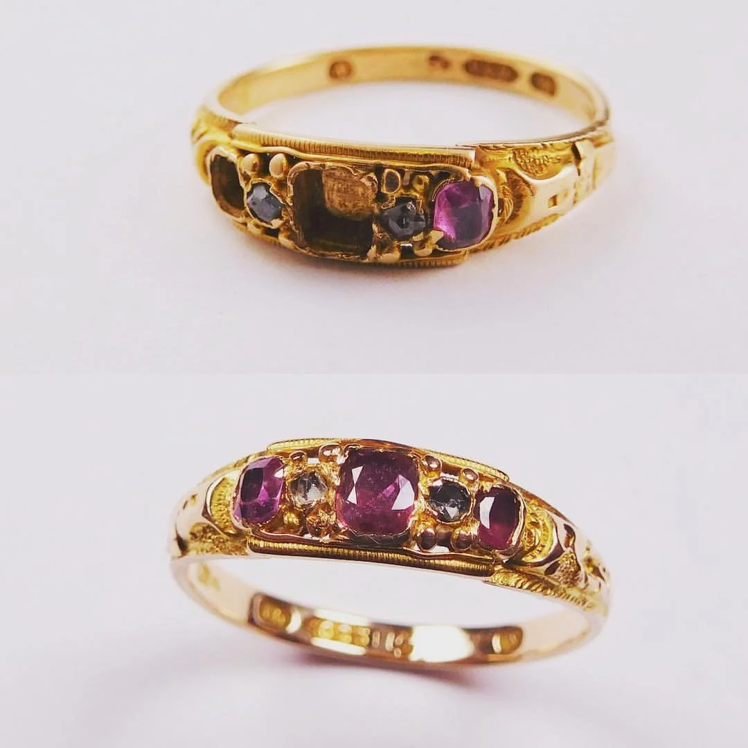 Gold ring with multiple gemstones, including rubies and sapphires, from different angles.