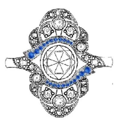 Refined Art Deco ring sketch with graduated sapphire detailing