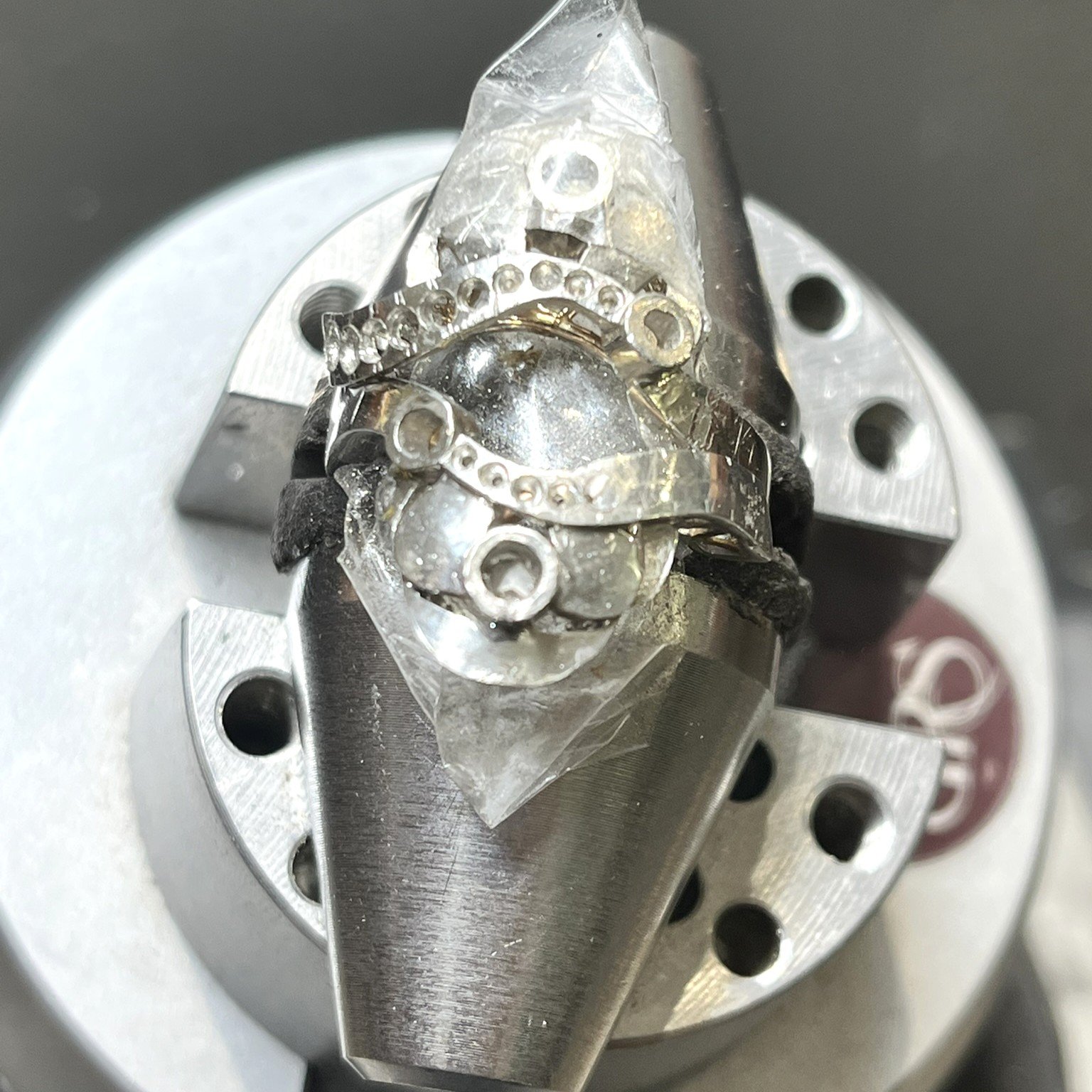 Handmade platinum ring structure during fabrication before final stone setting