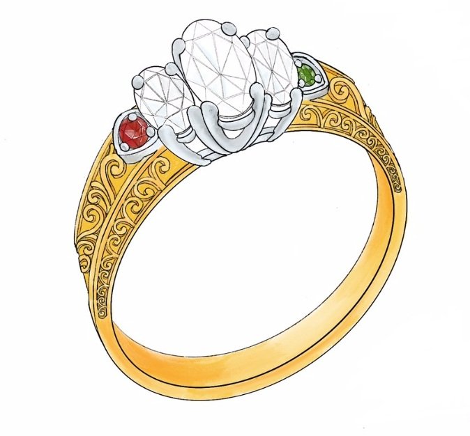 A gold ring with intricate swirling patterns and a crown-like setting holding three large diamonds, including a small red ruby on one side, and a green emerald on the other.