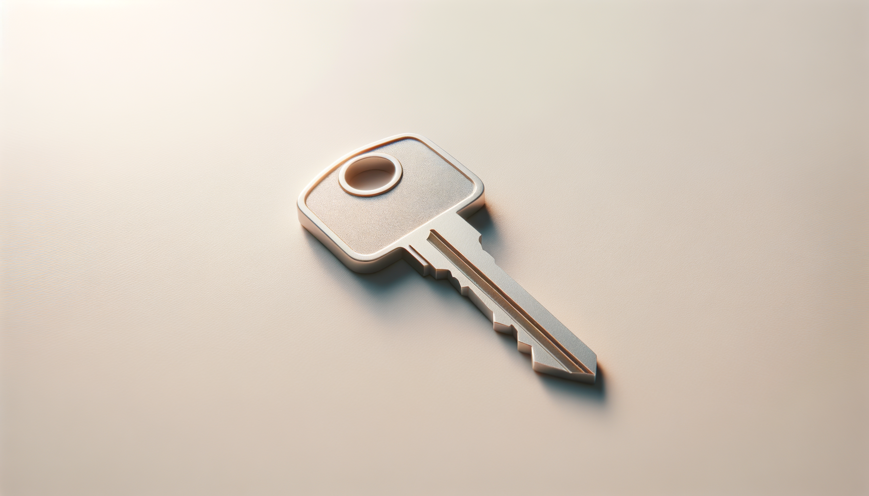 A close-up of a metallic key lying on a plain, light-colored surface.
