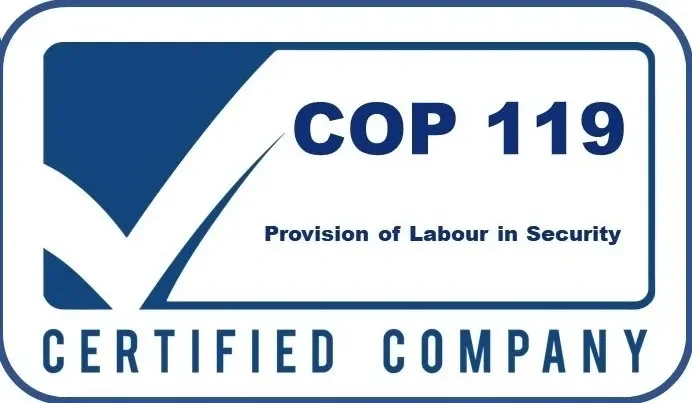 A certification badge for COP 119, indicating provision of labor in security, with a check mark and the words 'Certified Company'.